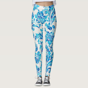Elegant Darker Blue Damask Pattern Leggings