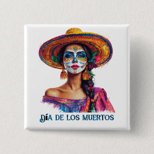 Elegant Day of the Dead Sugar Skull Lady Colourful 15 Cm Square Badge