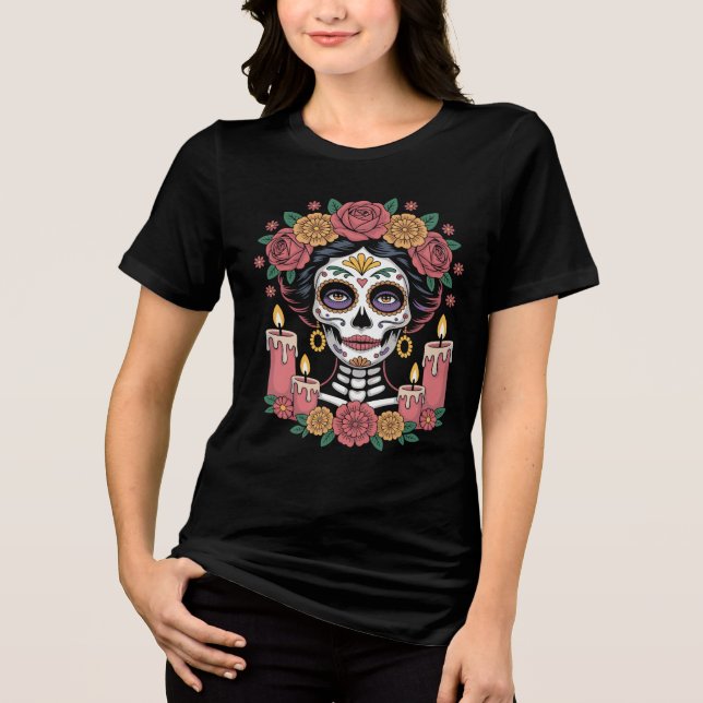 Elegant Day of the Dead Sugar Skull Woman Tri-Blend Shirt (Front)