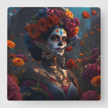 Elegant Day of the Dead  Vibrant Colored Clock