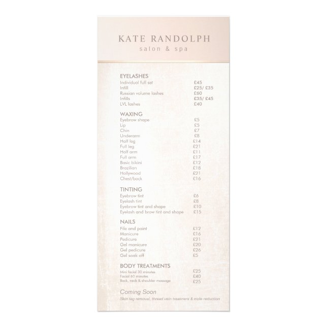 Elegant Day Spa Pink Marble Salon Price List Menu (Front)