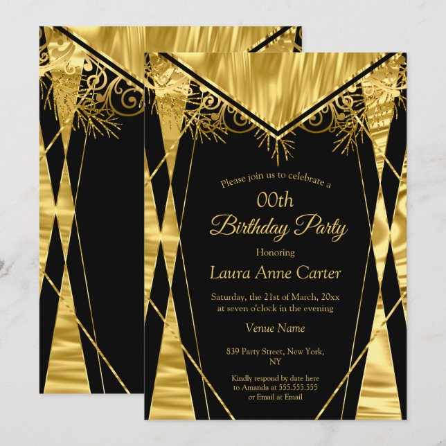 Elegant Deco Black Gold Faux Foil Birthday Party Invitation (Front/Back)