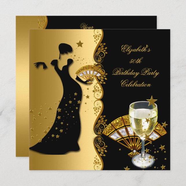 Elegant Deco Lady 50th Birthday Party Gold Black Invitation (Front/Back)