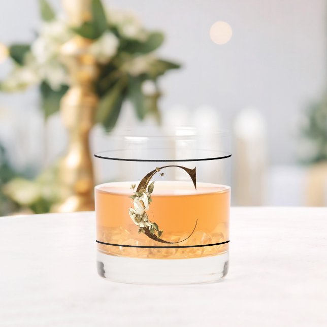 Elegant Decorated Black Monogram C Whiskey Glass (Insitu (Wedding))