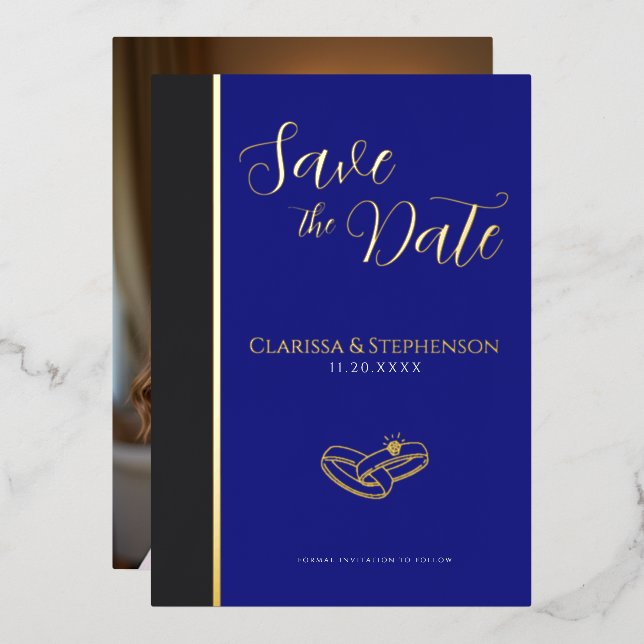 Elegant Deep Blue  Anthracite  Photo Save The Date (Front/Back)