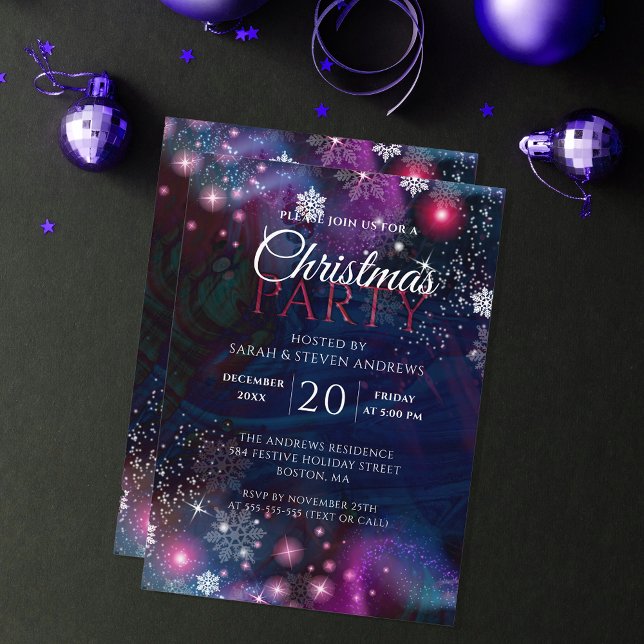 Elegant Deep Blue Pink Winter Wonderland Christmas Invitation (Creator Uploaded)