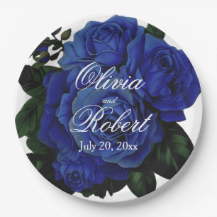 Elegant deep blue roses wedding paper plate