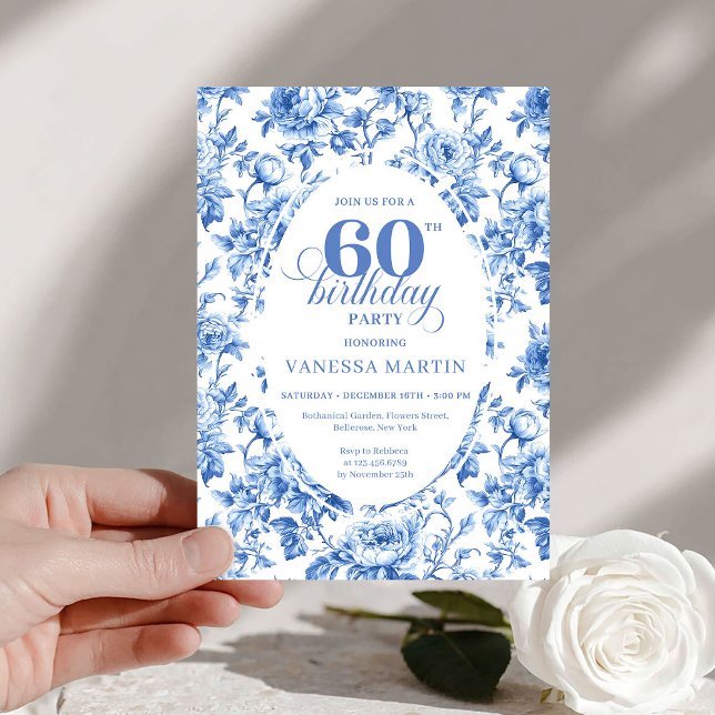 Elegant Deep Blue Toile Roses 60th Birthday Downlo Invitation (Elegant Deep Blue Toile Roses 60th Birthday Download

)