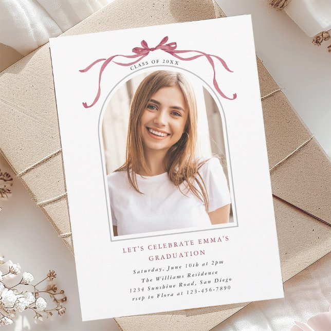Elegant Deep Blush Bow Graduation Party Arch Photo Invitation (Creator Uploaded)