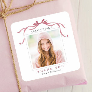 Elegant Deep Blush Bow Graduation Photo Thank You  Square Sticker