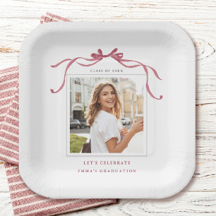 Elegant Deep Blush Ribbon Bow Graduation Photo Paper Plate