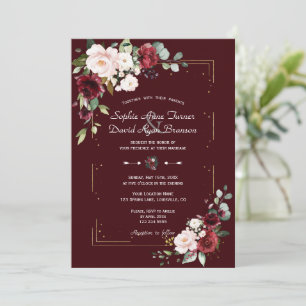 Elegant Deep Burgundy Blush Flowers Gold Wedding Invitation