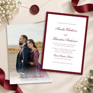 Elegant Deep Burgundy Border Script Photo Wedding Invitation