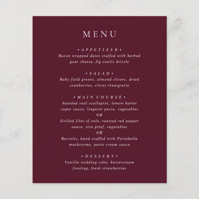 Elegant Deep Burgundy Classic Wedding Menu (Front)