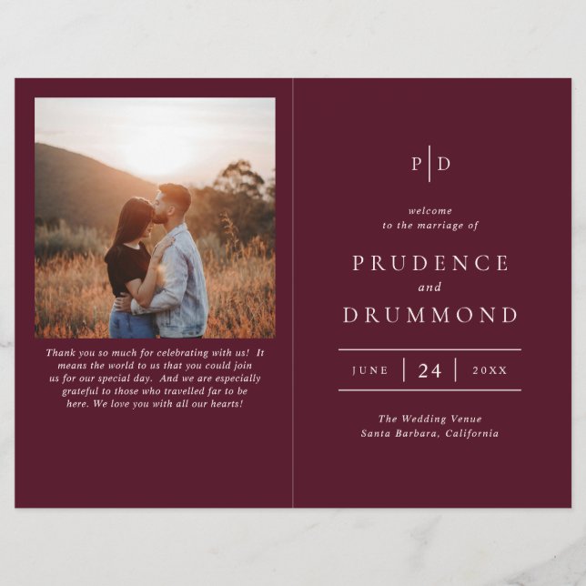 Elegant Deep Burgundy Classic Wedding Program Flyer (Front)