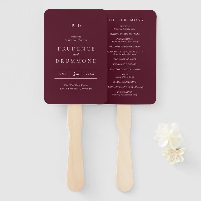 Elegant Deep Burgundy Classic Wedding Program Hand Fan (Front and Back)