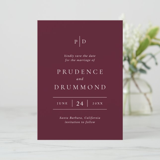 Elegant Deep Burgundy Classic Wedding Save The Date (Standing Front)