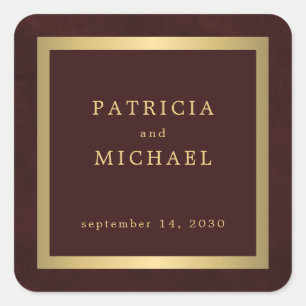 Elegant deep burgundy gold personalized wedding square sticker