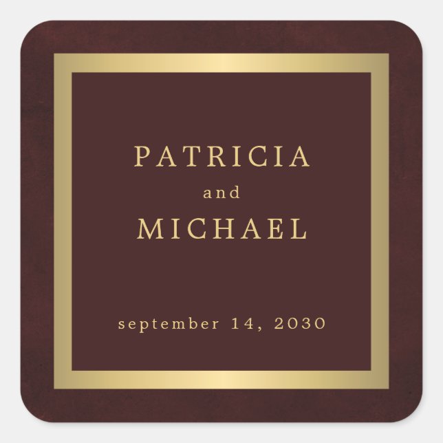 Elegant deep burgundy gold personalized wedding  square sticker (Front)
