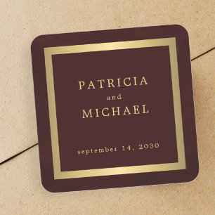 Elegant deep burgundy gold personalized wedding square sticker