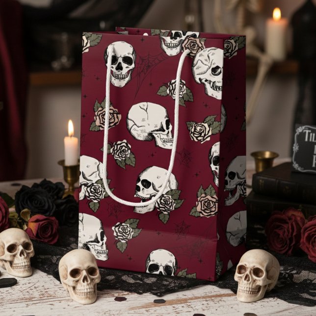 Elegant Deep Burgundy Halloween Skull Small Gift Bag (Deep Burgundy Floral Skulls Hallowedding Gift Bags for Her. Spooky Gothic Halloween Skull Pattern)