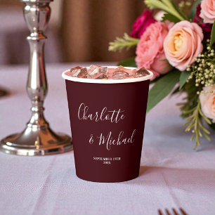 Elegant Deep Burgundy Script Minimalist Wedding Paper Cups