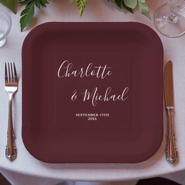 Elegant Deep Burgundy Script Minimalist Wedding Paper Plate (Creator Uploaded)
