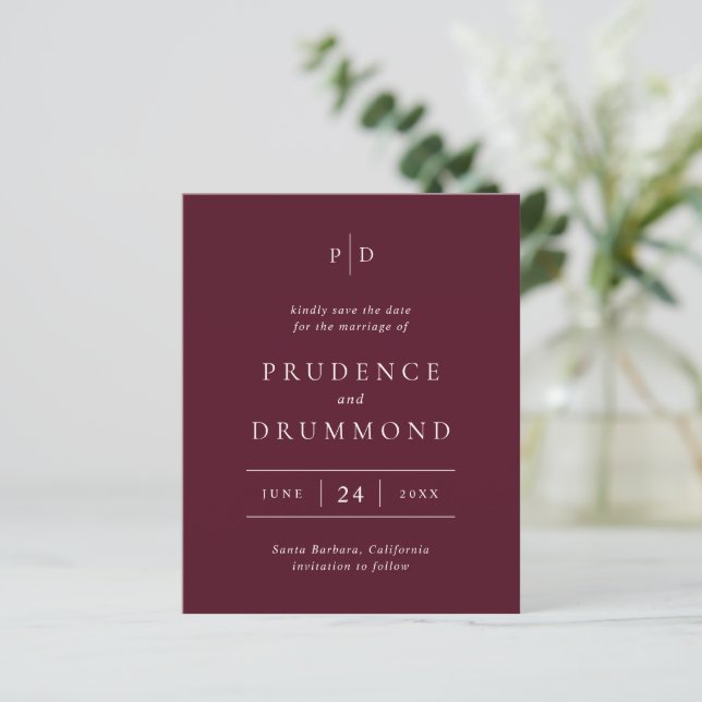 Elegant Deep Burgundy Wedding Save the Date (Standing Front)