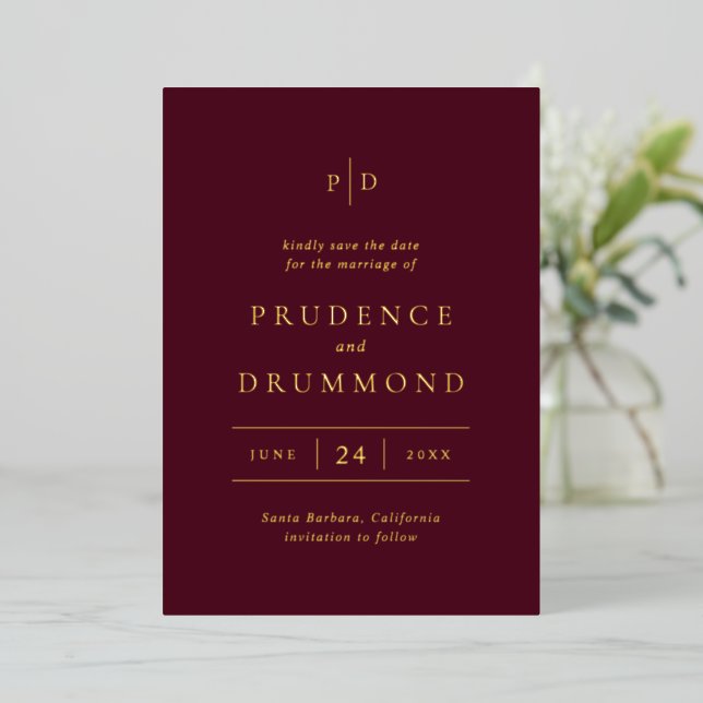 Elegant Deep Burgundy Wedding Save the Date (Standing Front)