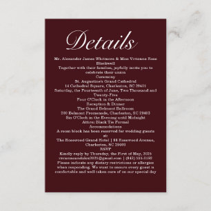 Elegant Deep Burgundy & White Wedding Details Enclosure Card