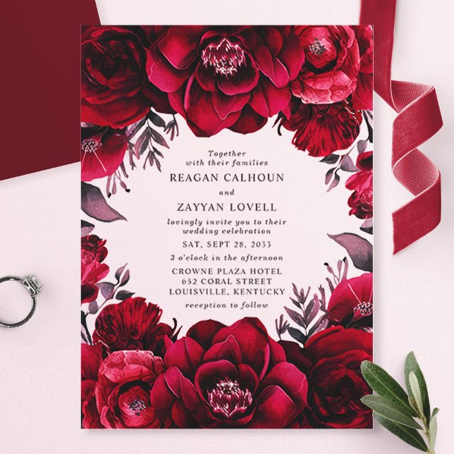 Elegant Deep Crimson Red Floral Romantic Wedding Acrylic Invitations (Creator Uploaded)
