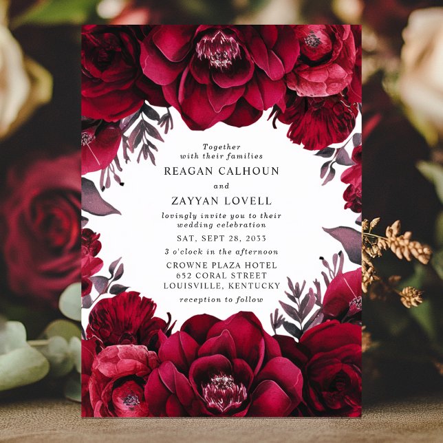 Elegant Deep Crimson Red Floral Romantic Wedding  Invitation (Creator Uploaded)