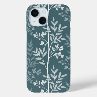 Elegant Deep Forest Teal Floral Silhouette iPhone 15 Case