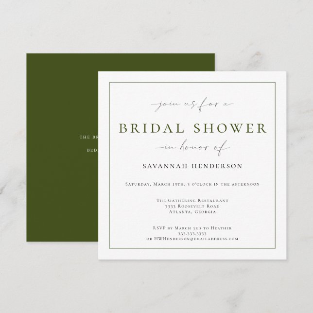 Elegant Deep Green Bridal Shower Classic Invitation (Front/Back)