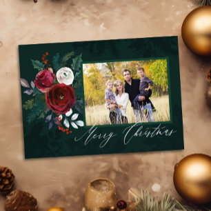 Elegant Deep Green Floral "Merry Christmas" Photo  Invitation