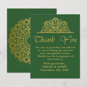 Elegant Deep Green & Gold Mandala Wedding Thank You Card