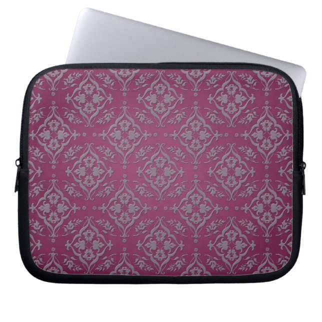 Elegant Deep Maroon Damask Laptop Sleeve (Front)