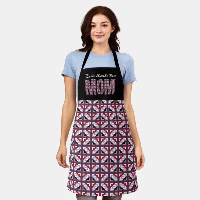 Elegant Deep Plum and Red Geometric Pattern Apron (Worn)
