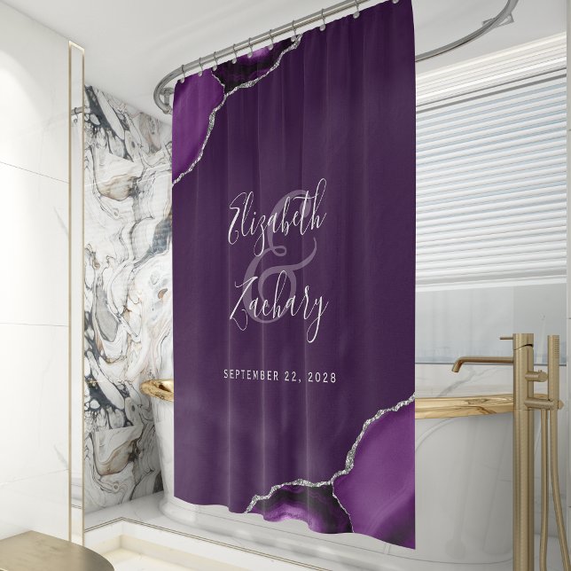 Elegant Deep Purple Agate Silver Newlywed Wedding Shower Curtain (Creator Uploaded)