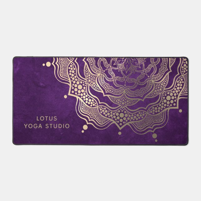    Elegant Deep Purple and Gold Mandala Reiki Yoga Desk Mat (Front)