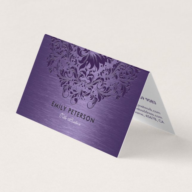 Elegant Deep Purple Floral Lace On Purple Business Card (Front)