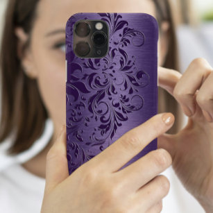 Elegant Deep Purple Floral Lace On Purple iPhone 15 Pro Case