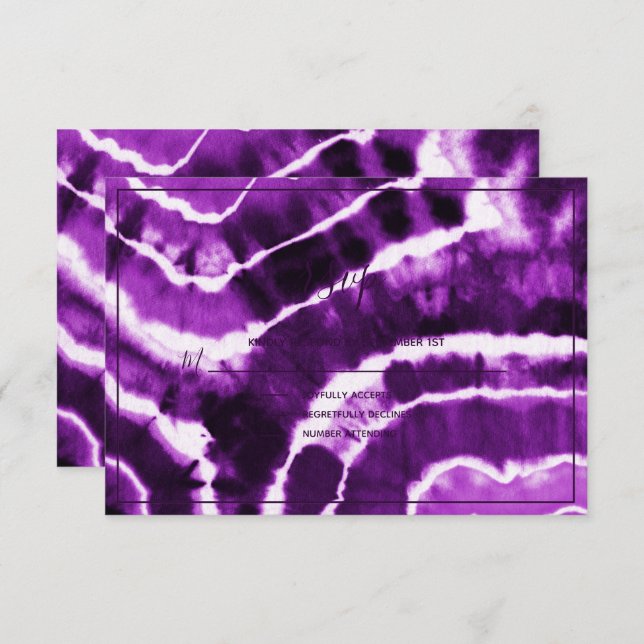 Elegant Deep Purple Marble Batik Wedding RSVP Card (Front/Back)