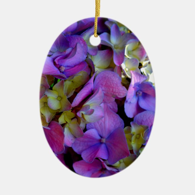 Elegant deep purple pink magenta floral hydrangeas ceramic tree decoration (Front)