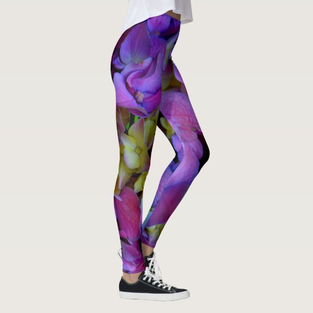 Elegant deep purple pink magenta floral hydrangeas leggings (Right)