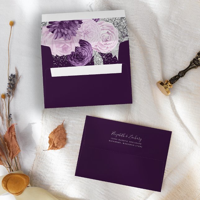 Elegant Deep Purple Silver Floral Wedding Envelope (Creator Uploaded)