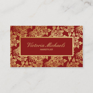 Elegant Deep Red and Gold Floral Business Card
