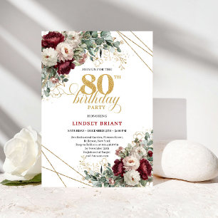 Elegant Deep Red Burgundy 80th Birthday Invitation