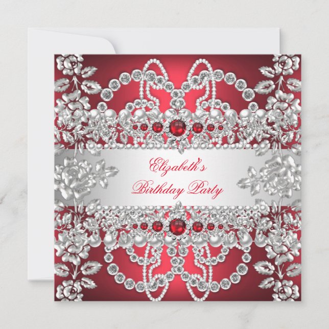 Elegant Deep Red Diamonds Silver Floral Birthday Invitation (Front)