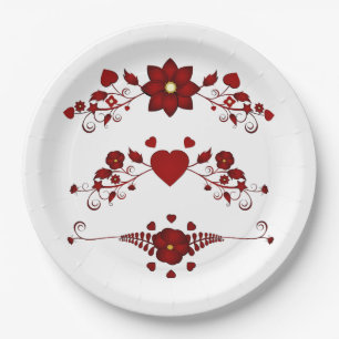 Elegant Deep Red Floral Flourish Paper Plate